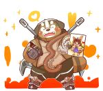  2016 anthro belly big_belly blush brown_body brown_fur canid canine clothed clothing eyes_closed fur humanoid_hands kemono male mammal natamaru_a overweight overweight_anthro overweight_male paesyn popori solo tera_online video_games weapon 