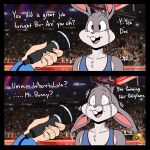  1:1 basketball basketball_jersey bodily_fluids bugs_bunny comic_panel crying cuckold detailed_background english_text hi_res infidelity lagomorph leporid looney_tunes male mammal microphone ntr rabbit solo space_jam space_jam:_a_new_legacy tears text warner_brothers zeromccall 