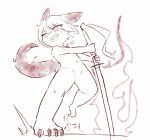  2020 4_fingers 4_toes ambiguous_gender anthro blush featureless_crotch feet fingers fur hair kemono mammal melee_weapon nude sake_kemosalmon simple_background sketch smile solo sword teeth toes weapon white_background 