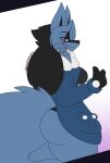  anthro big_butt breasts butt clothing curvy_figure dewwydarts female fluffy fluffy_tail gesture hourglass_figure jacket looking_at_viewer lucario may_(dewwydarts) nintendo pok&eacute;mon pok&eacute;mon_(species) purple_eyes solo thick_thighs thumbs_up topwear video_games 