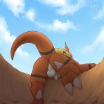  1:1 anthro anus backsack balls bandai_namco butt digimon digimon_(species) digital_media_(artwork) flaccid foreskin genitals guilmon hi_res iztli male penis rear_view shaded solo uncut 