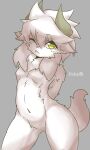  3:5 anthro breasts featureless_breasts felid feline female fur hair hi_res horn kemono kiukiu mammal nude one_eye_closed signature simple_background small_breasts solo white_body white_fur wink yellow_eyes 