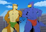  avian bird blue_body bulge canid canine city clothed clothing falco_lombardi fox fox_mccloud hi_res macro male mammal mashhpotatoes muscular muscular_male nintendo orange_body speedo standing star_fox swimwear video_games worship 