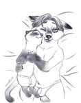  2017 anthro bed bed_sheet bedding bikini_briefs black-footed_ferret boxers_(clothing) boxers_only bulge canid canine cheek_tuft claws clothed clothing cuddling dipstick_ears dipstick_tail disney duo ears_down eyelashes facial_markings facial_tuft fox furniture gerardson gideon_grey hair happy head_markings hi_res high-angle_view hug love male male/male mammal markings mask_(marking) monochrome multicolored_ears multicolored_tail mustela mustelid musteline navel nuzzling on_bed one_eye_closed overweight overweight_anthro overweight_male pivoted_ears romantic romantic_couple size_difference smile topless topless_anthro topless_male travis_(zootopia) true_musteline tuft underwear underwear_only zootopia 