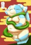  2013 anthro balls belly blue_body blush canid canine canis domestic_dog feral genitals green_body holidays japanese_text kemono male mammal moobs navel new_year overweight overweight_male penis reptile rodemaru scalie small_penis snake text 