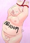  2013 balls belly bodily_fluids bound censored domestic_pig genitals hi_res humanoid_hands kemono male mammal moobs nipples overweight overweight_male penis rodemaru rope suid suina sus_(pig) tears 