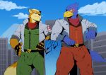  anthro avian bird blue_body bulge canid canine city clothed clothing duo falco_lombardi fox fox_mccloud hi_res macro male mammal mashhpotatoes muscular muscular_male nintendo orange_body standing star_fox video_games worship 