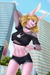  2021 5_fingers anthro blonde_hair breasts brown_eyes clothed clothing day detailed_background digital_media_(artwork) elvofirida female fingers hair hi_res lagomorph leporid mammal open_mouth outside rabbit sky solo teeth tongue 