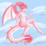  1:1 anthro dragon female flying hair hi_res horn pigtails ponytail sfw_nudity shamefulsuccubus simple_background solo wings 