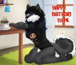  5_fingers anthro black_hair blue_eyes breasts canid canine canis clothed clothing digital_media_(artwork) domestic_dog eyebrows eyelashes female fingers fur grey_body grey_fur hair husky kaiotawolf kneeling looking_at_viewer mammal nordic_sled_dog shaded smile solo spitz 