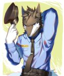  2015 5:6 absurd_res black_body black_clothing black_fur blue_clothing bottomwear clothing digital_media_(artwork) discordnight fur hat headgear headwear hi_res male pants police_uniform sergal sharp_teeth solo teeth tyarashi uniform white_body white_fur 