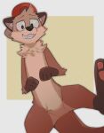  2021 anthro black_nose brown_body brown_fur cheek_tuft chester_the_otter clothing digital_media_(artwork) facial_tuft featureless_crotch fur grin hat head_tuft headgear headwear hi_res inner_ear_fluff k0bit0wani lutrine male mammal mustelid neck_tuft simple_background smile solo tuft 