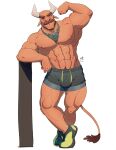  abs anthro arts_of_indiego bandanna bottomwear bovid bovine bulge cattle clothing facial_hair flexing footwear hi_res horn kerchief male mammal muscular muscular_anthro muscular_male mustache nipples one_eye_closed pecs shoes shorts solo wink 