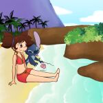  1:1 4_fingers 5_fingers alien ambiguous_gender barefoot beach bikini blue_body blue_claws blue_eyes blue_fur blue_nose brown_eyes brown_hair chest_tuft claws clothing day digital_drawing_(artwork) digital_media_(artwork) disney duo experiment_(lilo_and_stitch) feet female fingers fur hair head_tuft hi_res human leaf lilo_and_stitch long_ears male_(lore) mammal midriff mountain navel notched_ear outside palm_tree plant red_clothing red_swimwear salty_nebula seashell seaside shell sitting smile stitch! stitch_(lilo_and_stitch) swimwear tongue tongue_out tree tropical tuft water yuna_kamihara 