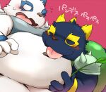  2016 anthro belly belly_grab belly_rub bemani black_body blush duo eyes_closed giant_panda humanoid_hands japanese_text kemono konami licking male mammal navel_fetish navel_lick nikiciy overweight overweight_male pandeth_(pop&#039;n_music) pop&#039;n_music simple_background text tongue tongue_out ursid video_games white_body 