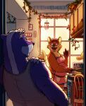  2019 anthro apron badger belly canid canine clothing cooking detailed_background disney duo food fox gideon_grey guffaw humanoid_hands inside jay_wolfe kitchen male mammal mustelid musteline pancake shirt slightly_chubby topwear zootopia 