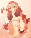  2021 5_fingers accessory anthro biped breasts brown_body brown_fur brown_hair canid canine canis coffaefox domestic_dog featureless_breasts female fingers flower flower_in_hair fur hair hair_accessory hi_res long_hair mammal nude plant simple_background 