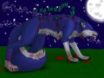  4:3 absurd_res arrow background_sky blood blue_body blue_eyes blue_fur blue_pawpads bodily_fluids canid canine canis deaton feral fur gore hi_res hybrid male mammal moon pawpads solo stray_productions tears white_body white_fur wolfdog wounded 