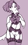  anthro bone borzoi bottomless bra breast_grab breast_squish breasts canid canine canis clothed clothing domestic_dog female garter_belt garter_straps genitals hand_on_breast hi_res hunting_dog legwear lingerie looking_aside mammal nina_(passionatefloorromance) passionatefloorromance pattern_clothing pattern_underwear pubes pussy sighthound solo squish thigh_highs underwear 