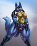  abstract_background after_sex anthro anthrofied breasts cream.pup female genitals hi_res lucario multicolored_body neck_tuft nintendo nude pok&eacute;mon pok&eacute;mon_(species) pussy red_eyes solo spread_pussy spreading thick_thighs tuft video_games wide_hips 