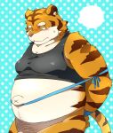  2015 anthro barely_visible_genitalia barely_visible_penis belly blush clothing felid genitals kemono male mammal navel nikiciy overweight overweight_male pantherine penis shirt solo tiger topwear 