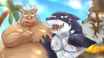  16:9 2021 anthro belly blue_hair canid canine fish gouryou group hair hi_res humanoid_hands kemono laugh male mammal marine moobs nipples obese obese_male outside overweight overweight_male patoro1 seth_(tas) shark suid suina sus_(pig) tokyo_afterschool_summoners typhon video_games widescreen wild_boar 