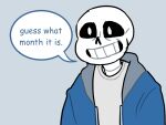  4:3 advenit animated_skeleton black_sclera bone clothing dialogue english_text front_view grin humanoid male not_furry sans_(undertale) shirt simple_background skeleton smile solo speech_bubble sweatshirt text topwear undead undertale video_games white_body 