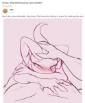  anthro ask_blog blush cuddling curious_cat duo english_text female first_person_view fur head_pat jarnqk kobold looking_at_viewer lya_(jarnqk) lying male male/female on_top petting size_difference sketch smaller_female stroking text 