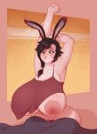  absurd_res animal_humanoid areola big_breasts breasts clothing dabbledraws female hi_res huge_breasts humanoid lagomorph lagomorph_humanoid leporid_humanoid mammal mammal_humanoid nipples one_breast_out panties rabbit_humanoid raised_arms solo thick_thighs underwear wide_hips 