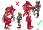  2021 absurd_res anthro breath_of_the_wild crouching duo eye_contact featureless_crotch hi_res holding_partner how_to_talk_to_short_people link looking_at_another male marine maxspite melee_weapon meme nintendo nude_male prince_sidon shield simple_background size_difference standing sword the_legend_of_zelda video_games weapon white_background zora 