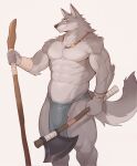  anthro axe bandage blush bottomwear bulge canid canine canis clothing collar disiwjd ear_piercing fur grey_body grey_fur hi_res loincloth loincloth_only looking_at_viewer male mammal melee_weapon muscular muscular_anthro muscular_male piercing simple_background smile solo stick weapon wolf 
