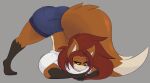  anthro ass_up bedroom_eyes big_breasts big_butt bottomwear breasts brown_hair butt canid canine clothing crossed_arms dewwydarts eyebrows female fluffy fluffy_tail fox front_view gloves_(marking) grey_background hair hi_res huge_breasts huge_butt jack-o&#039;_pose leg_markings looking_at_viewer maddie_(dewwydarts) mammal markings narrowed_eyes pose raised_eyebrows seductive shirt shorts simple_background smile socks_(marking) solo tagme thick_thighs topwear wide_hips yellow_eyes 