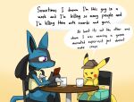  2018 beverage black_body black_fur black_hair blue_body blue_fur coffee detective detective_pikachu dialogue digital_media_(artwork) dot_eyes duo english_text feet fingers fur hair lucario male mammal multicolored_body multicolored_fur nintendo phone pikachu pok&eacute;mon pok&eacute;mon_(species) purple_eyes sandwich-anomaly simple_background sitting tan_background tan_body tan_fur text toes video_games yellow_body yellow_fur 