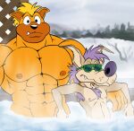  armpit_hair blonde_hair body_hair canid canine canis chest_tuft dingo dingo_(sonic_underground) eyewear fangs glasses hair hot_tub male mammal muscular muscular_male nipples purple_hair sega sleet_(sonic_underground) sonic_the_hedgehog_(series) sonic_underground source_request steam toony tuft unknown_artist wolf 