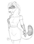  2012 anthro breasts chakona_space clothed clothing dipstick_tail domestic_ferret dress ear_piercing ear_ring female gloves_(marking) greyscale mammal markings menalippe michele_light monochrome multicolored_tail mustela mustelid musteline piercing purse solo true_musteline whiskers 