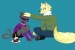  3:2 absurd_res anthro birthday canid canine canis clothing domestic_cat duo felid feline felis friends hi_res male mammal petting sitting smile solarblade_(artist) soley_(solarblade) tetz_valdez_(tetz) wolf 