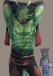  2020 anthro argonian background_character bethesda_softworks black_bottomwear black_clothing bottomwear clothing duo green_body green_scales gunka hi_res human male mammal muscular raised_arms removing_shirt scales scalie scar simple_background solo_focus tan_background the_dark_brotherhood_(the_elder_scrolls) the_elder_scrolls veezara video_games 