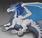  2021 beard black_stripes blue_mane braided_hair claws danero dialogue dragon ear_fins elbow_tufts facial_hair feet feral fin foot_focus gradient_background hair horn looking_at_viewer male mane pawpads paws scales scalie simple_background solo stripes teal_eyes western_dragon white_body wings 
