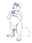  2020 anthro balls belly blue_and_white canid canine dessert disney eating flaccid food fox genitals gideon_grey humanoid_genitalia humanoid_hands humanoid_penis male mammal merffle monochrome moobs navel overweight overweight_male penis pie simple_background solo white_background zootopia 