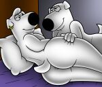  anthro anus bed brian_griffin butt canid canine duo ear_piercing ear_ring family_guy furniture hand_on_butt hi_res jasper_(family_guy) looking_at_another lying lying_on_bed male male/male mammal on_bed piercing tbfm 
