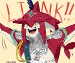  2021 aburage anthro armor breath_of_the_wild bust_portrait countershading english_text hi_res looking_at_viewer male marine nintendo open_mouth orange_eyes portrait prince_sidon red_body red_skin sharp_teeth shout simple_background solo teeth text the_legend_of_zelda video_games yellow_background zora 