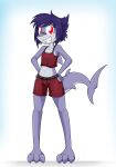  2018 anthro blue_hair bottomwear clothing crop_top digital_media_(artwork) eyelashes feet female fin fish flat_chested freckles grey_body grey_scales hair hands_on_hips hi_res looking_at_viewer marine midriff multicolored_body multicolored_scales navel red_eyes sandwich-anomaly scales shark sharp_teeth shirt shorts simple_background smile solo teeth toes topwear white_background xaenyth_(character) 