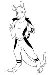  2012 anthro barefoot bruce_roo caribou_(artist) chakona_space claws clothed clothing feet full-length_portrait fur greyscale kangaroo macropod male mammal marsupial monochrome portrait smile solo toe_claws undressing 