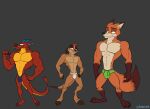  abs anthro artariem asian_mythology balls_outline biceps briefs bulge canid canine clothed clothing detailed_bulge disney dragon east_asian_mythology eastern_dragon fox genital_outline group herpestid hi_res jockstrap male mammal meerkat mulan_(1998) muscular muscular_male mushu_(disney) mythology nick_wilde pecs penis_outline the_lion_king thong timon topless underwear zootopia 