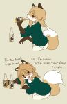  2021 anthro averi_(fiddleafox) beer_bottle bent_over blush bottle bottomwear canid canine clothing dialogue digital_drawing_(artwork) digital_media_(artwork) dipstick_tail drunk edit english_text female fox fur gloves_(marking) hi_res holding_bottle holding_object inner_ear_fluff leg_markings looking_at_viewer mammal markings multicolored_tail pants recolor simple_background socks_(marking) solo substance_intoxication sweater talking_to_viewer text topwear tuft yagi_the_goat 
