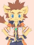  3:4 anthro blue_eyes bolo_tie bottomwear brown_body brown_fur brown_hair closed_smile clothed clothing dakuten felid fingers fully_clothed fur hair jacket junior_(dakuten) kemono long_tail low_res male mammal pink_background shorts simple_background solo topwear vest yellow_body yellow_fur young 