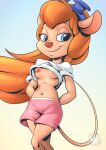  2021 anthro bottomwear braless breasts camel_toe chip_&#039;n_dale_rescue_rangers clothing disney eyewear female gadget_hackwrench goggles hi_res mammal mouse murid murine mysticalpha nipples pink_bottomwear pink_clothing pink_shorts rodent shorts solo upshirt 