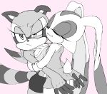  annoyed anthro blush bottomwear breast_squish breasts breasts_press clothing cream_the_rabbit discontent duo eyes_closed female female/female hb_lint hi_res hug interspecies marine_the_raccoon miniskirt pink_background sega simple_background skirt sonic_the_hedgehog_(series) squish tight_clothing 
