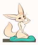  2021 aggressive_retsuko anthro black_eyes breasts canid canine female fennec fenneko fox full-length_portrait fur hand_on_face junyois kneeling mammal nipples nude pinup portrait pose pupils sanrio simple_background slit_pupils smile solo tan_body tan_fur white_background 