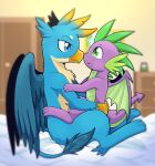  avian blue_body blue_eyes blue_fur dragon duo eye_contact feathered_wings feathers friendship_is_magic fur gallus_(mlp) green_body green_eyes green_scales gryphon hasbro holding_each_other looking_at_another male male/male membrane_(anatomy) membranous_wings my_little_pony mythological_avian mythology on_lap purple_body purple_scales scales sitting_on_lap spike_(mlp) talons vavacung wings 